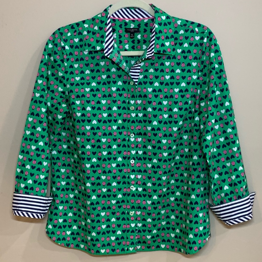 Talbots Green and Pink Vintage Heart and Ladybug Print Blouse, EUC, Med Petite